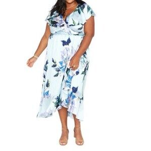 Show Me Your Mumu Chic Floral Wrap Midi Dress in Blue and White